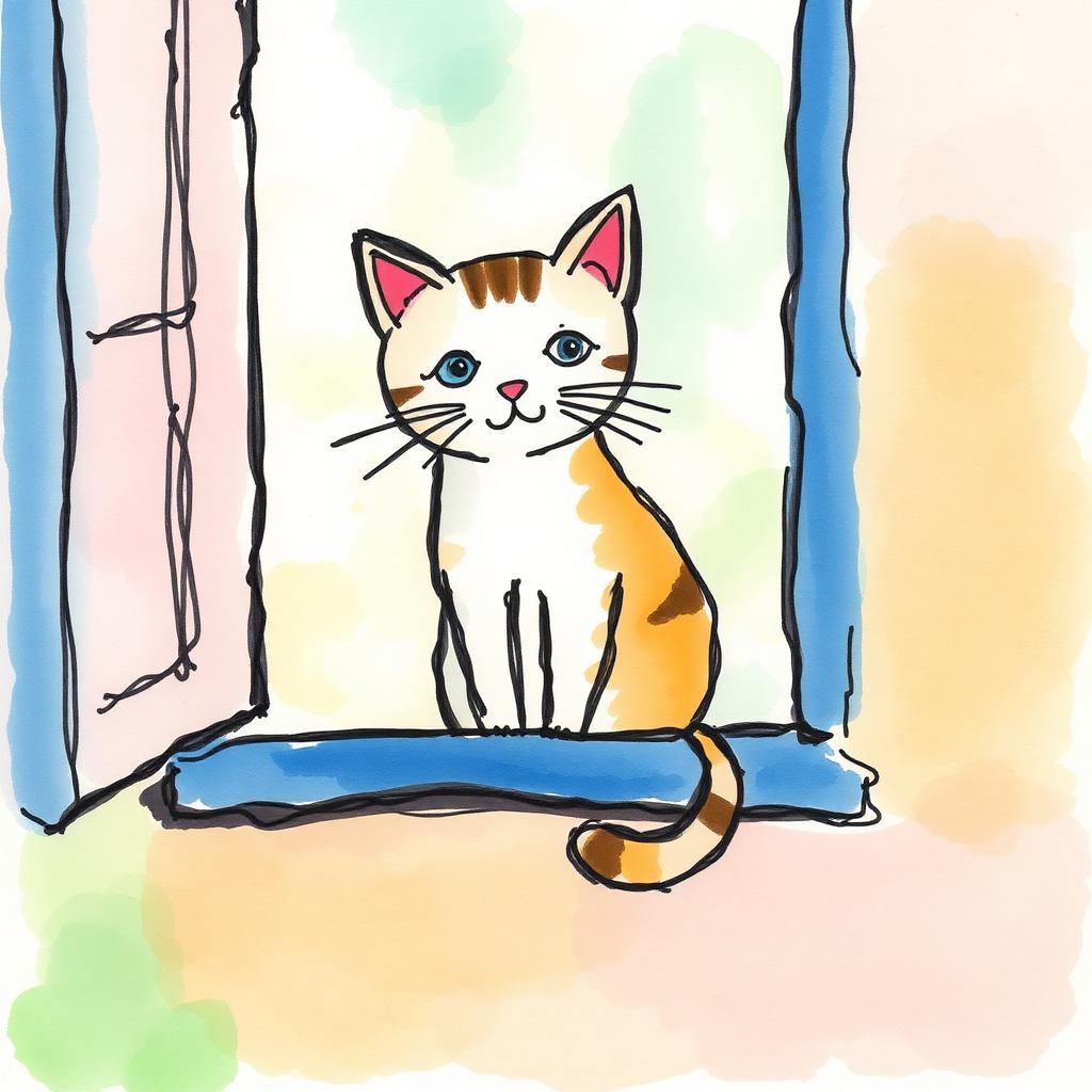 學員水彩作品 — 窗邊小貓